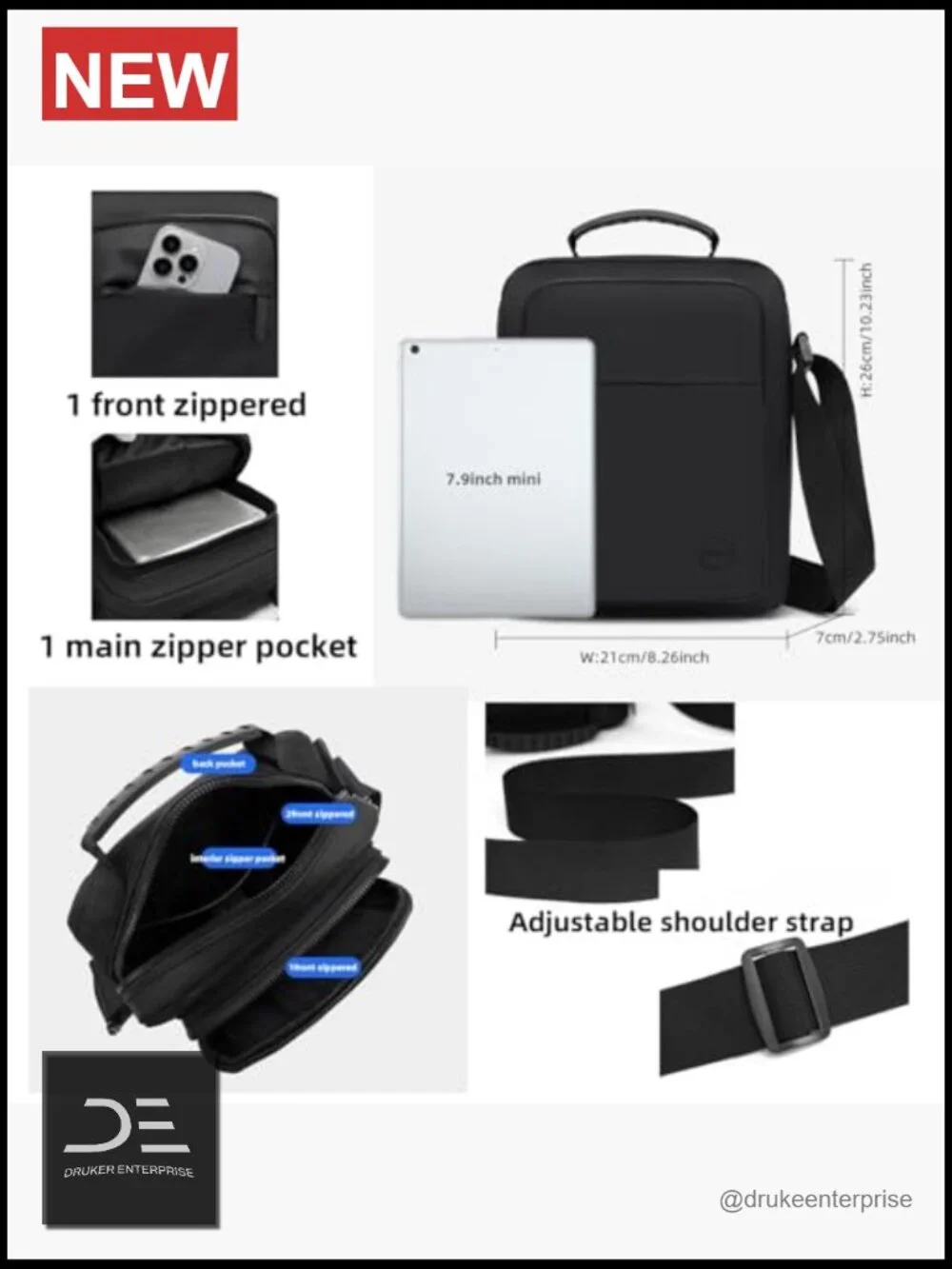 Anti-Theft Messenger Bag with Multiple Pockets, Nylon Crossbody